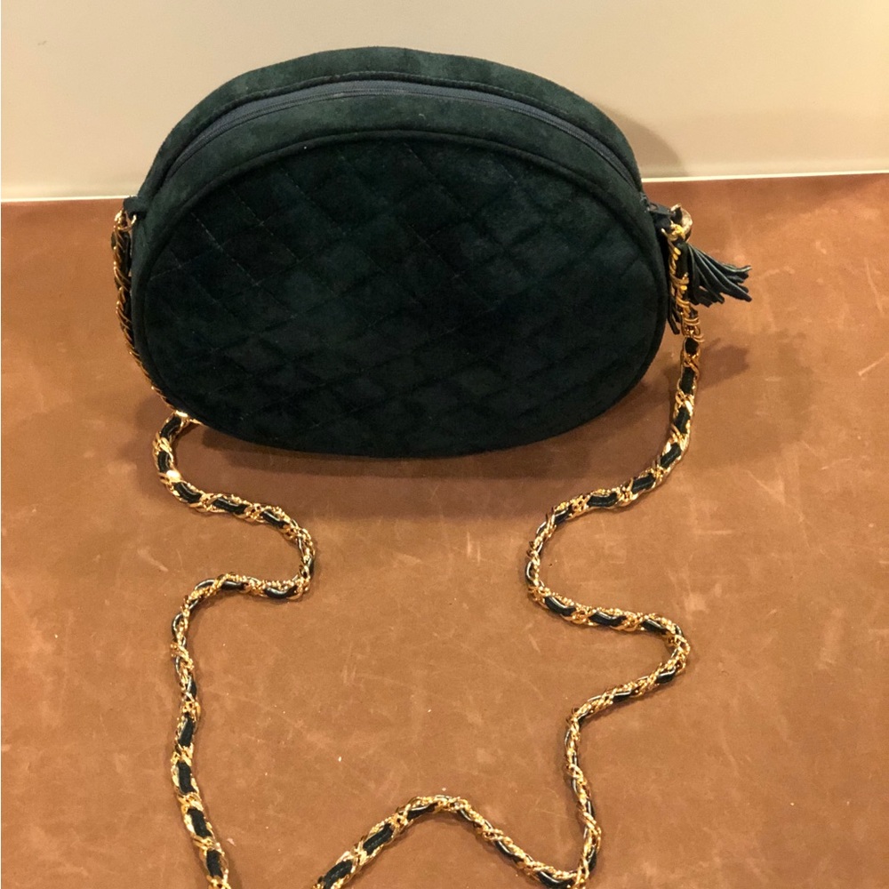 Lisette New York Trapunto Green suede handbag with strap - Picture 3 of 4